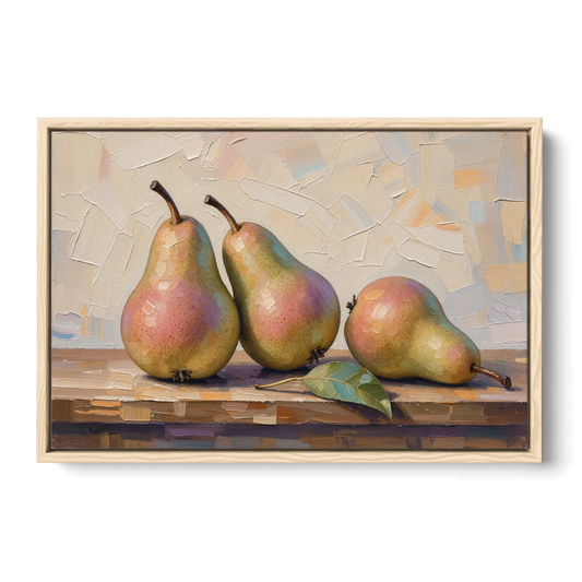 Pear Painting Trio with a Single Leaf - Oak Framed Canvas Wall Art - Front