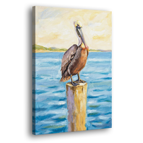 Pelican Painting on the Morning Piling - Canvas Wall Art - Side