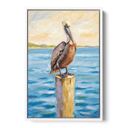 Pelican Painting on the Morning Piling - White Framed Canvas Wall Art - Front