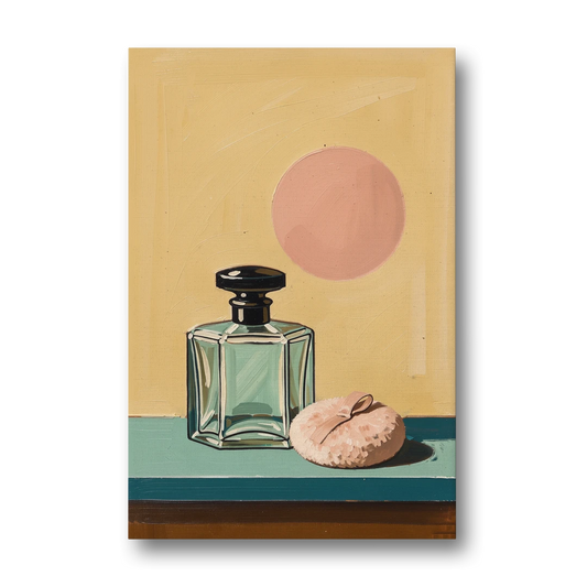 Perfume Bottle Wall Art with Powder Puff - Canvas Wall Art - Front