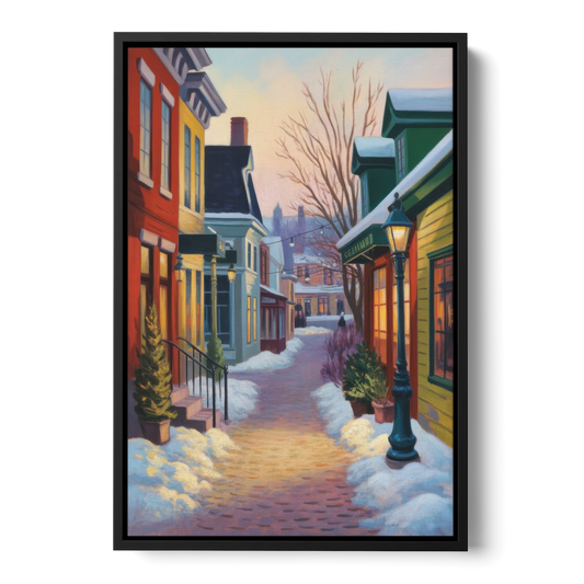 Petit Champlain Winter Quebec - Black Framed Canvas Wall Art - Front