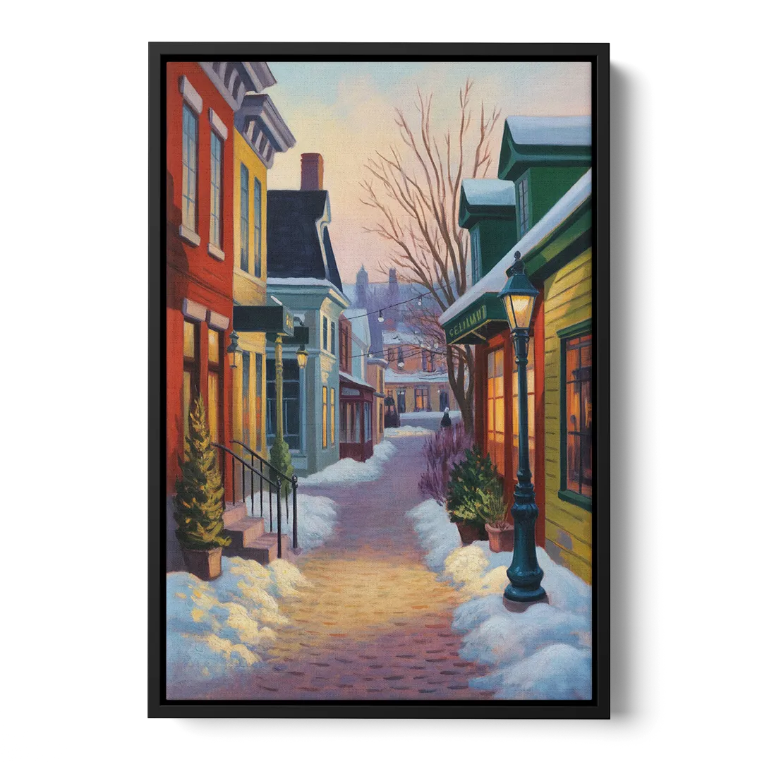 Petit Champlain Winter Quebec Front - Black Canvas Wall Art
