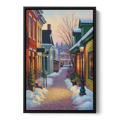 Petit Champlain Winter Quebec Front - Black Canvas Wall Art