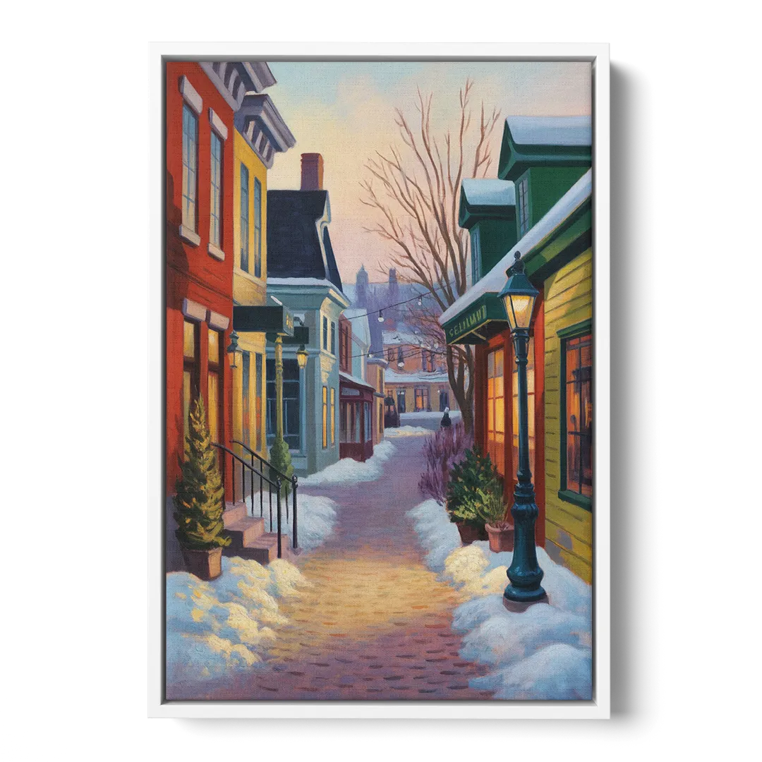 Petit Champlain Winter Quebec Front - White Canvas Wall Art