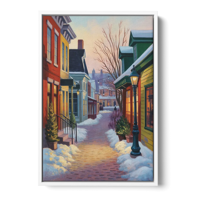Petit Champlain Winter Quebec Front - White Canvas Wall Art