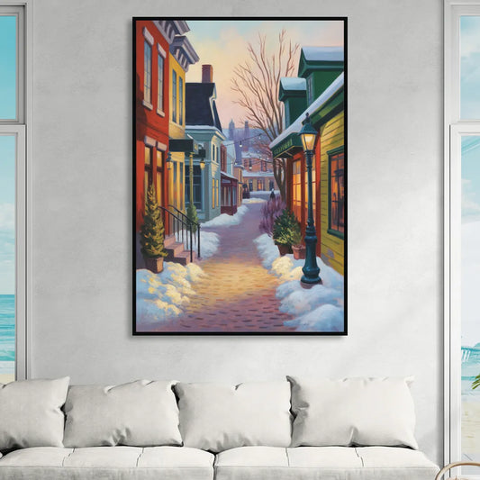 Petit Champlain Winter Quebec Living Room - Black Canvas Wall Art
