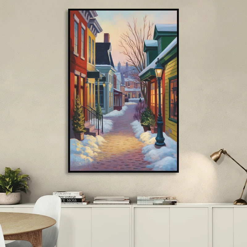 Petit Champlain Winter Quebec Sitting Room - Black Canvas Wall Art