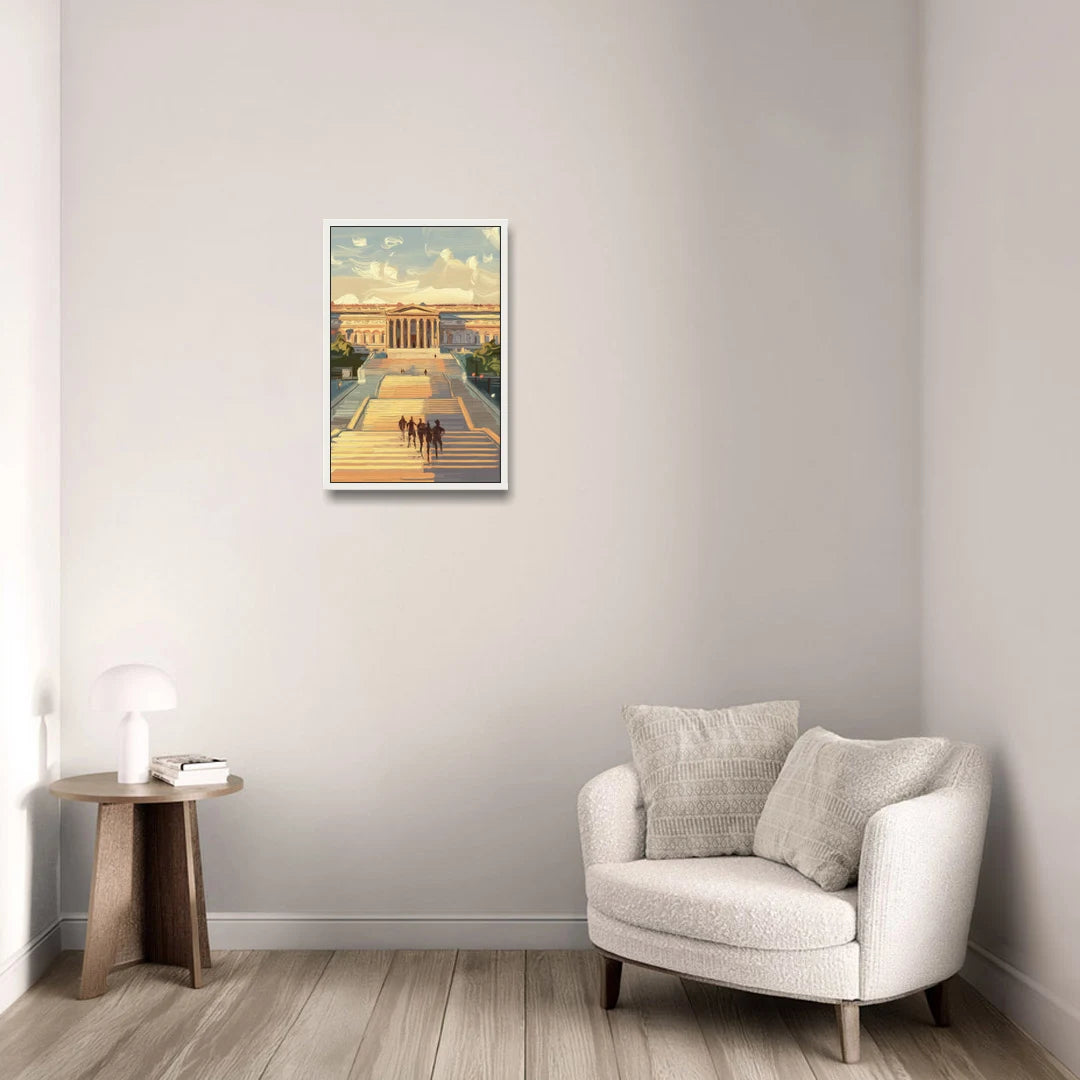 Philadelphia Art Museum Steps - White Framed Canvas Wall Art - Sofa - 16x24