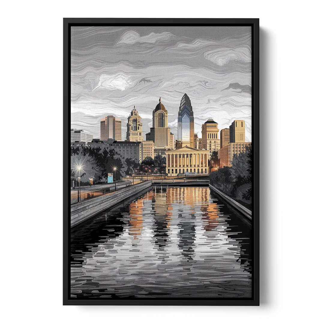 Philadelphia Black and White Front - Black Canvas Wall Art