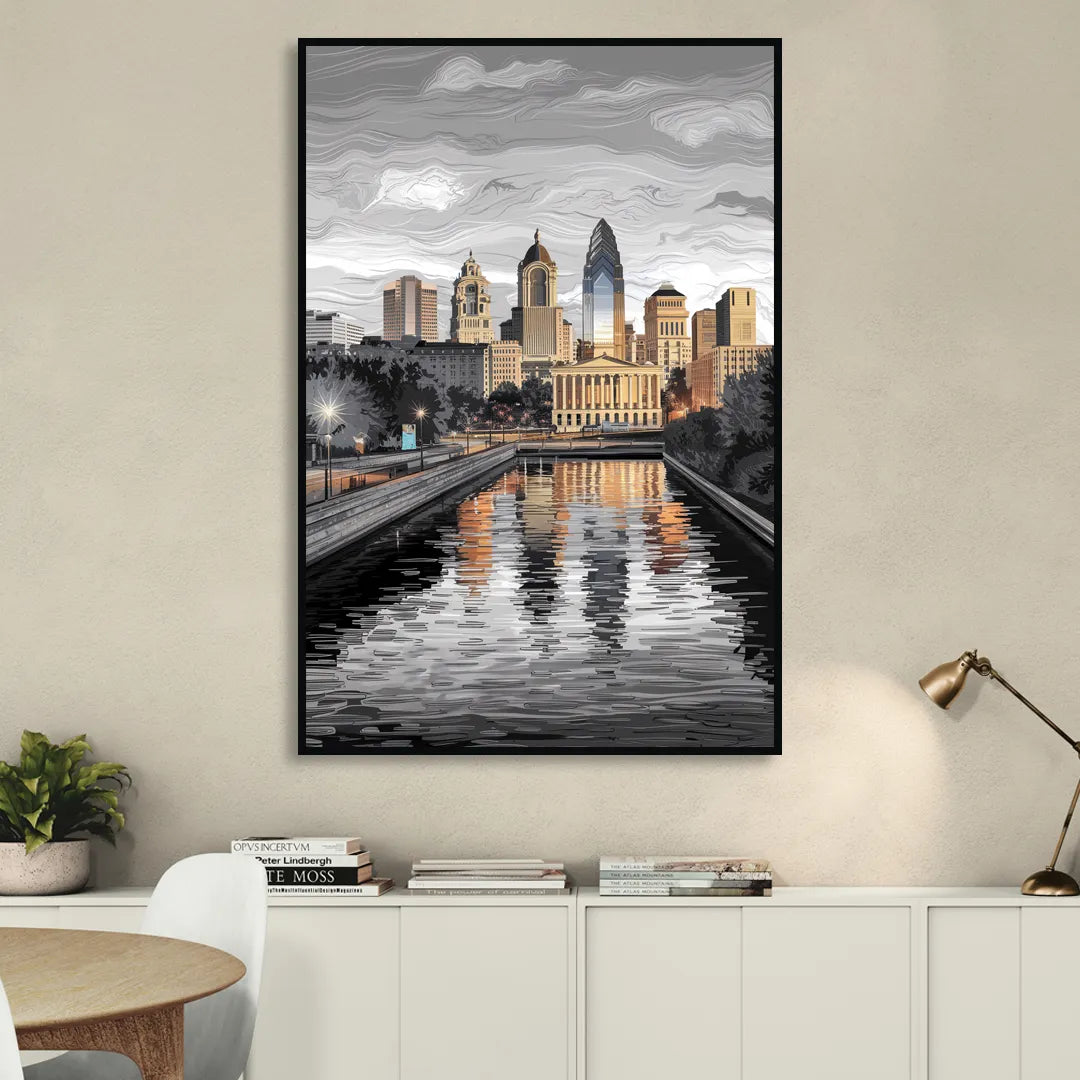 Philadelphia Black and White Living Room - Black Canvas Wall Art