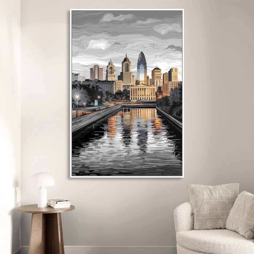 Philadelphia Black and White Living Room - White Canvas Wall Art