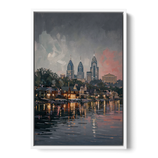 Philadelphia Black and White - White Framed Canvas Wall Art - Front