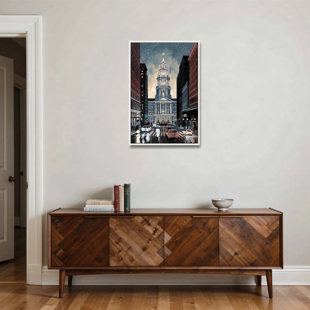 Philadelphia City Hall - White Framed Canvas Wall Art - Coffee Table - 24x36
