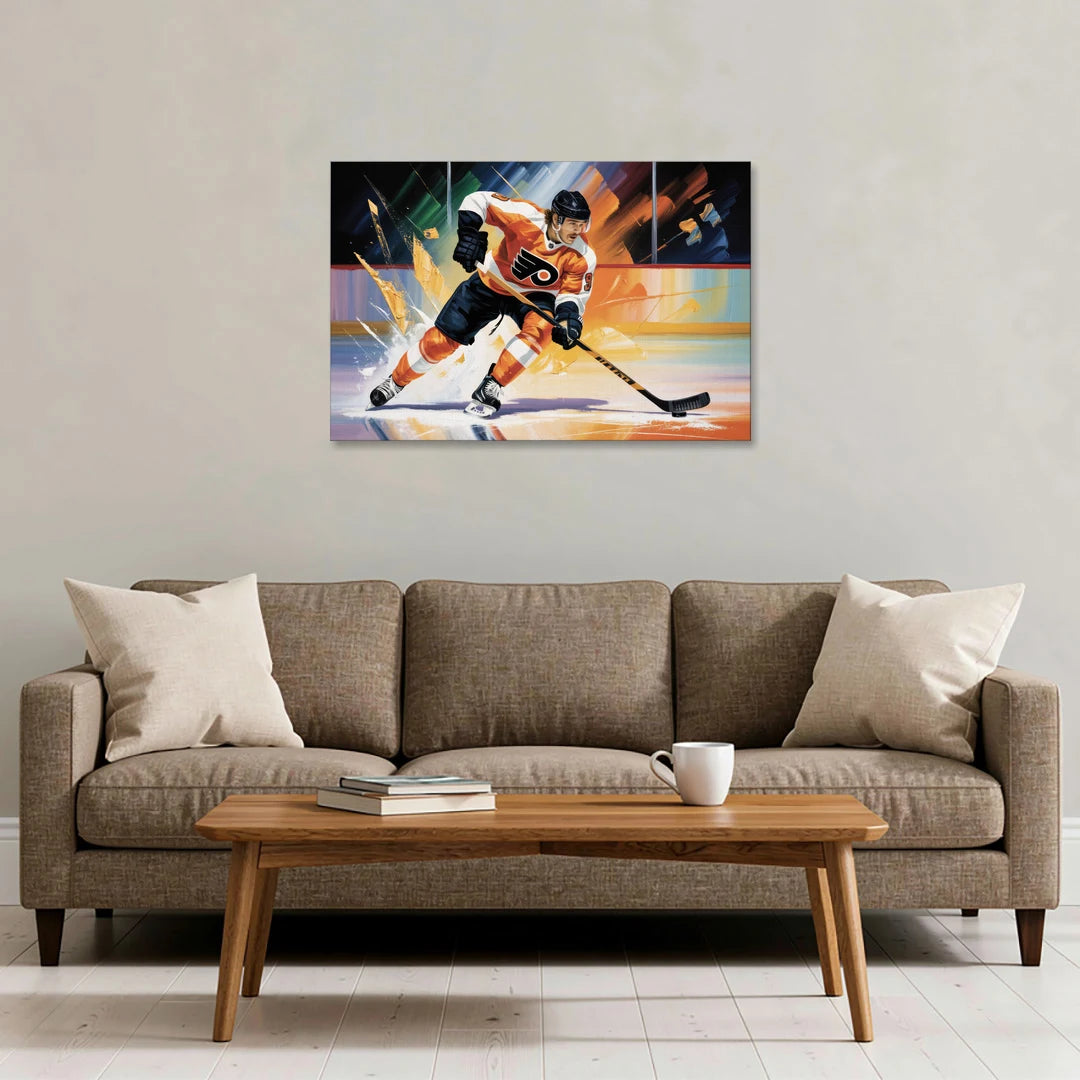Philadelphia Flyers Dynamic Impressionistic Hockey Art - Canvas Wall Art - Sofa - 36x24