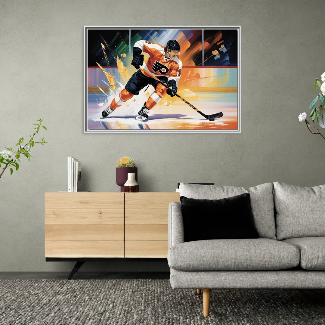 Philadelphia Flyers Dynamic Impressionistic Hockey Art - Living Room White Frame Canvas