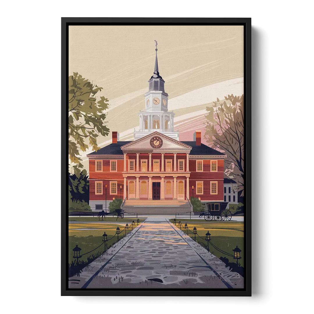 Philadelphia Independence Hall Front - Black Canvas Wall Art