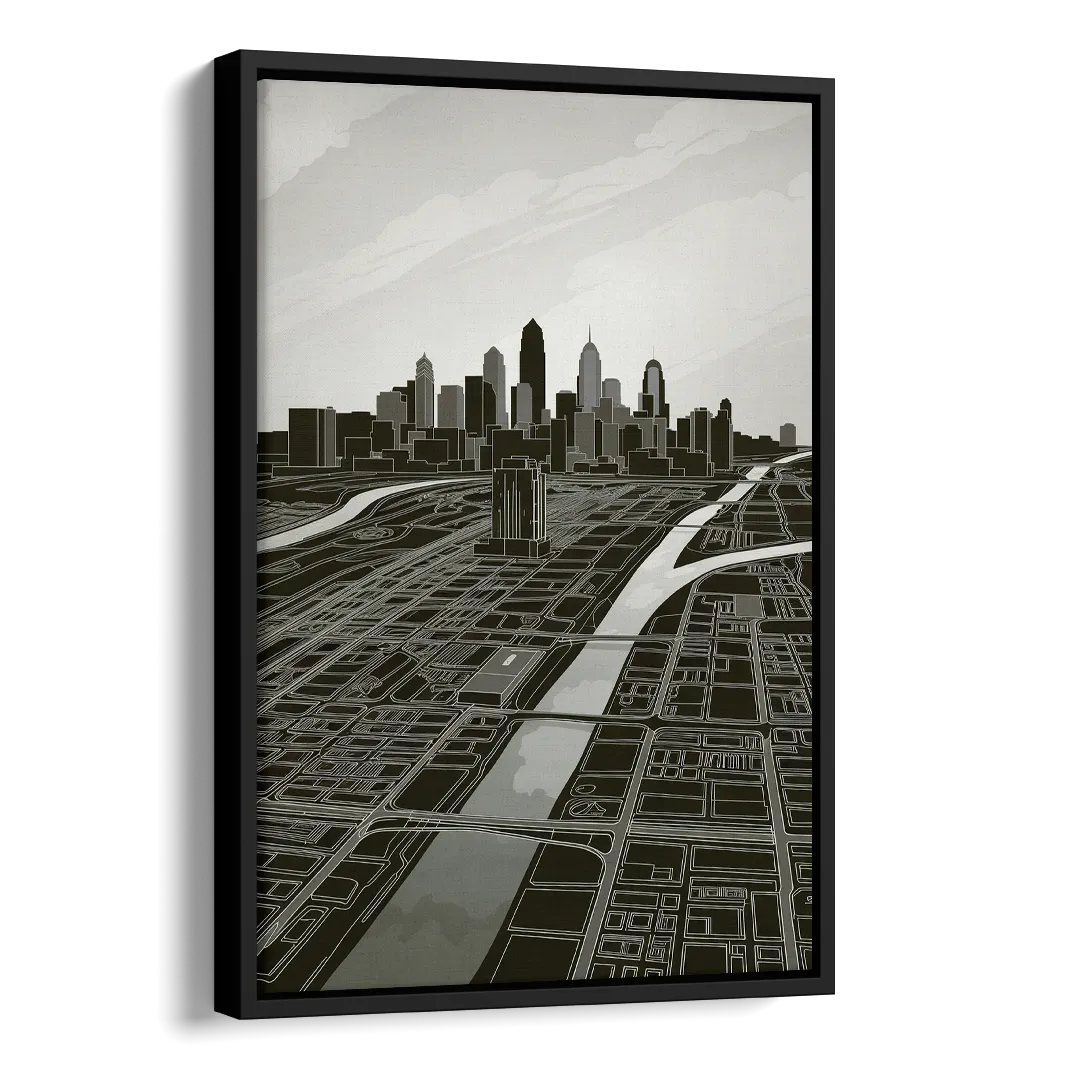 Philadelphia Map Design Side - Black Canvas Wall Art