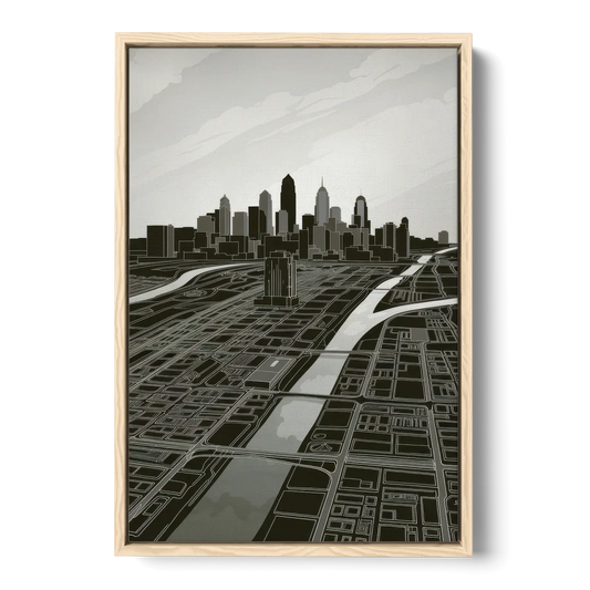 Philadelphia Map Design - Oak Framed Canvas Wall Art - Front