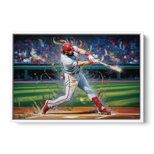 Philadelphia Phillies Impressionistic Baseball Action Art - White Framed Canvas Wall Art - Front
