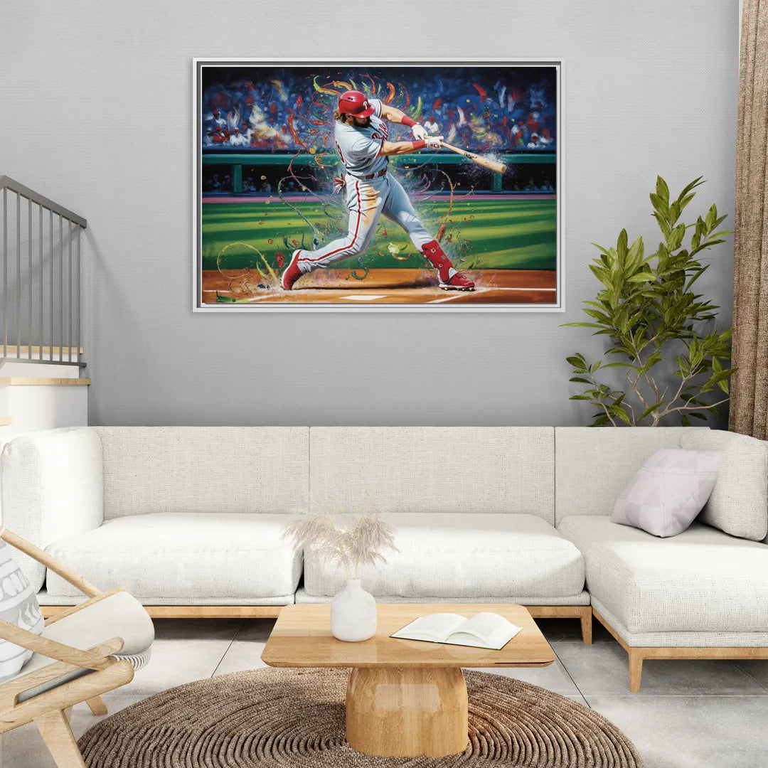 Philadelphia Phillies Impressionistic Baseball Action Art - Living Room White Frame Canvas