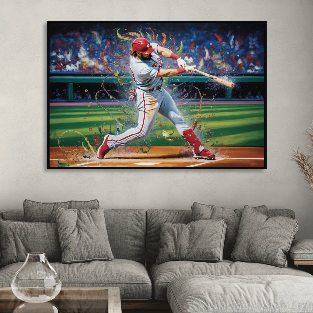 Philadelphia Phillies Impressionistic Baseball Action Art Living Room - Black Canvas Wall Art