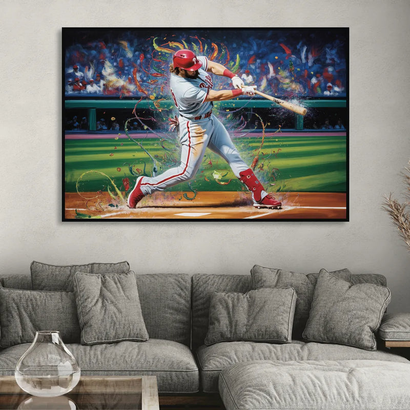 Philadelphia Phillies Impressionistic Baseball Action Art Living Room - Black Canvas Wall Art
