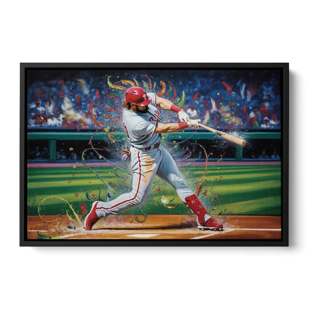 Philadelphia Phillies Impressionistic Baseball Action Art - Black Frame Canvas