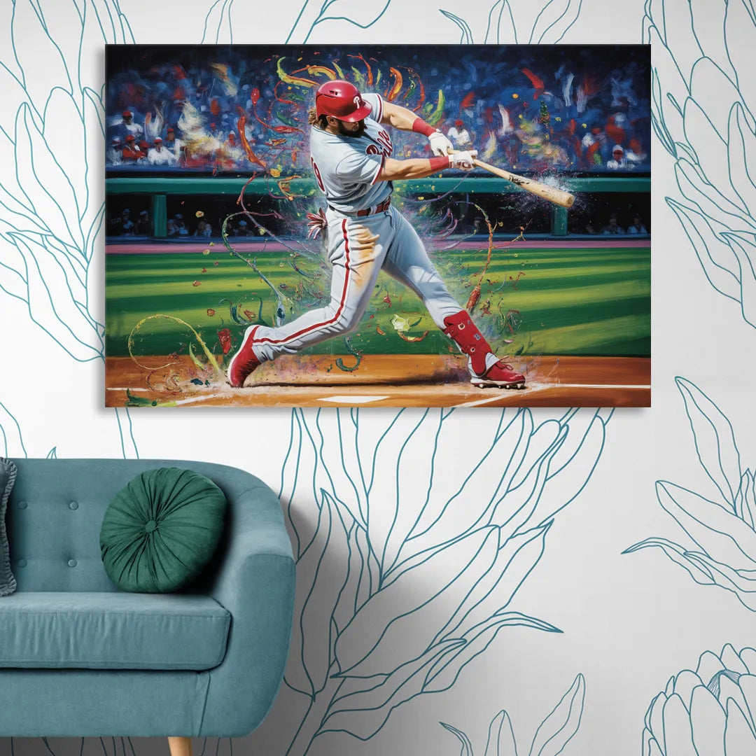 Philadelphia Phillies Impressionistic Baseball Action Art Living Room - Canvas Wall Art