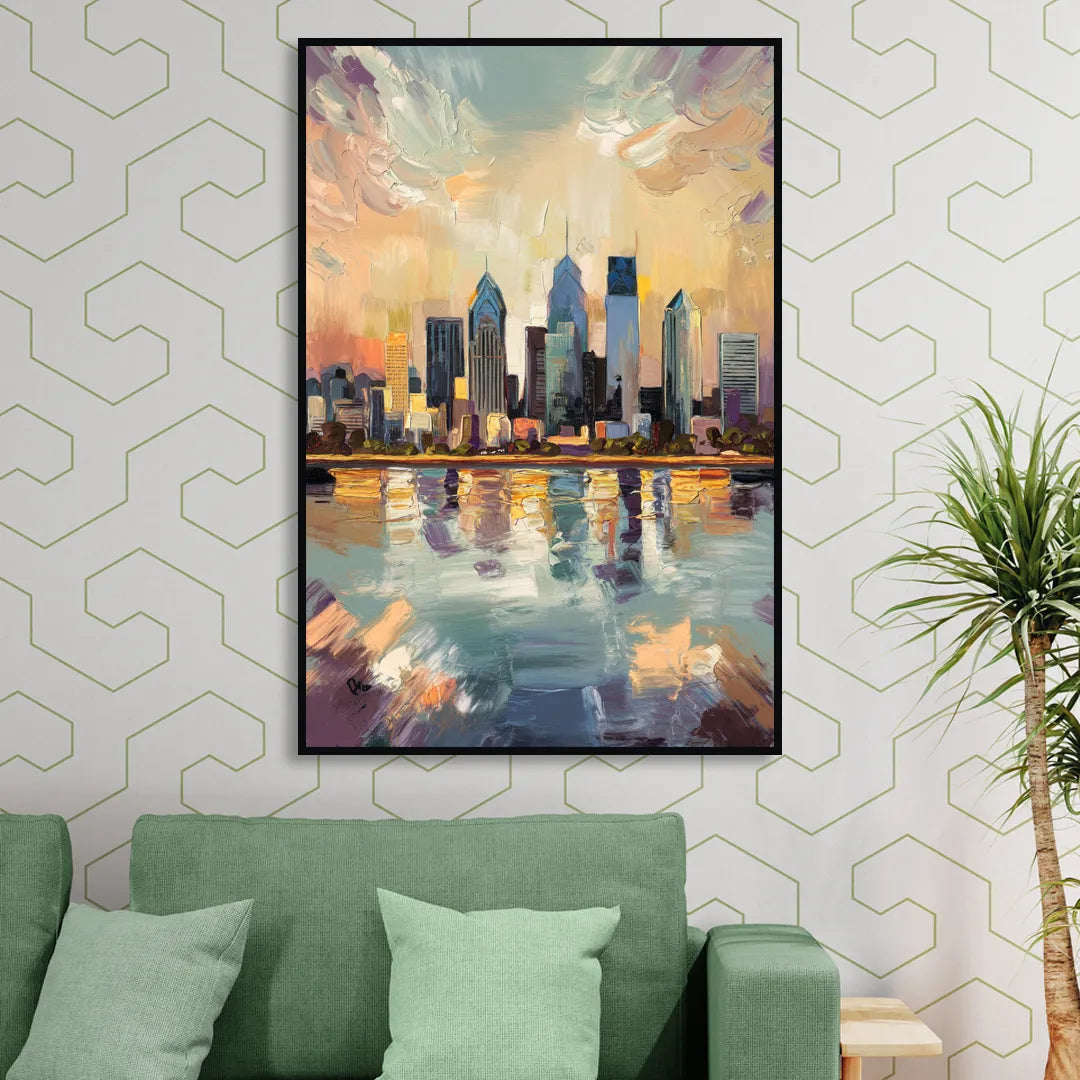 Philadelphia Skyline Reflections Living Room - Black Canvas Wall Art