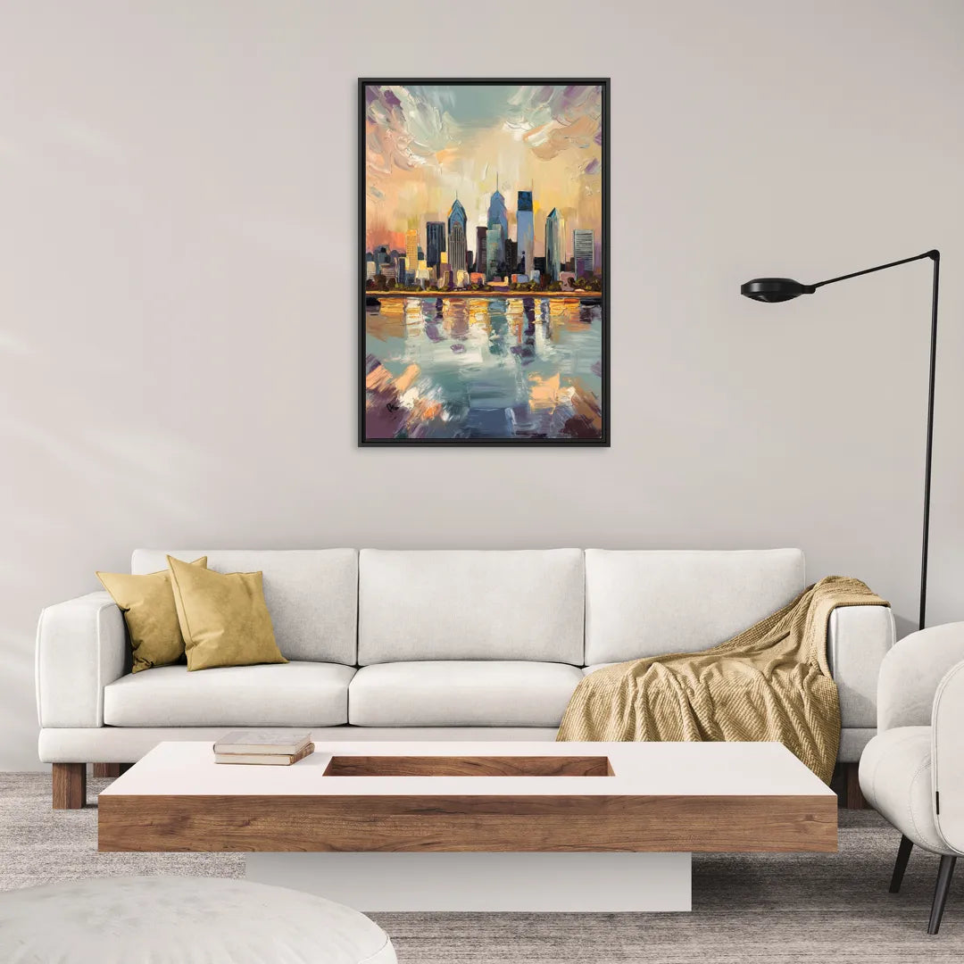 Philadelphia Skyline Reflections - Living Room Black Frame Canvas