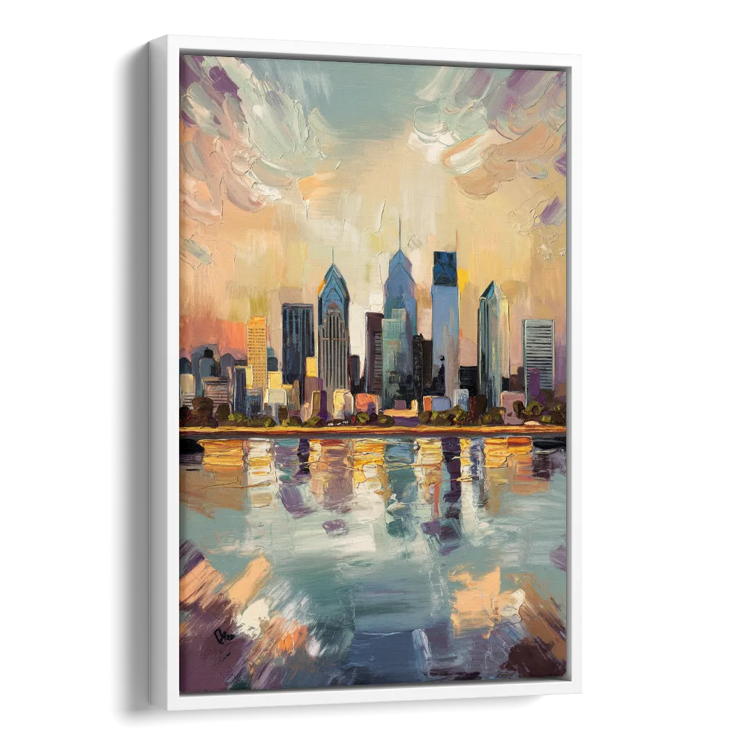 Philadelphia Skyline Reflections Side - White Canvas Wall Art
