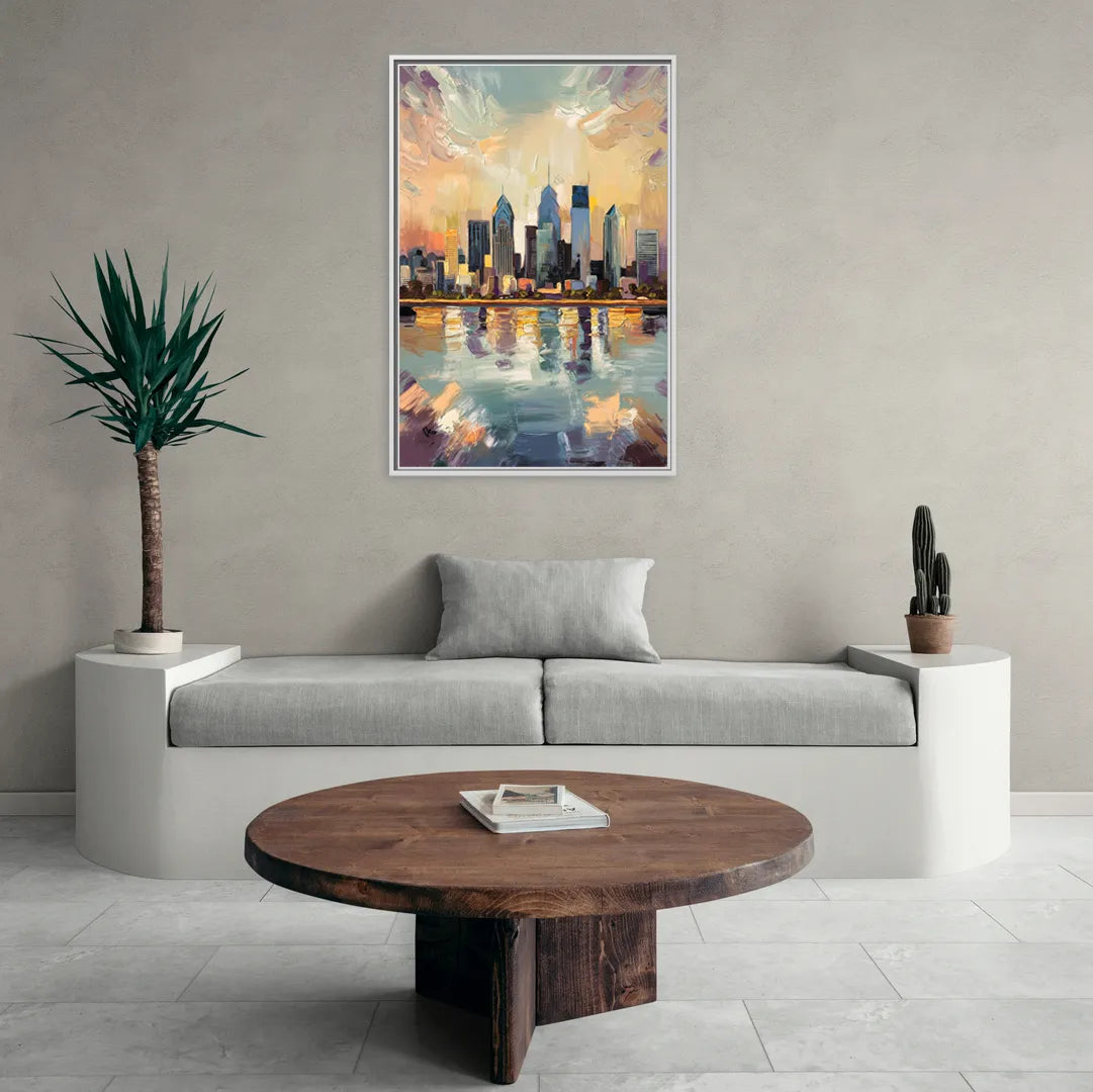 Philadelphia Skyline Reflections - Living Room White Frame Canvas