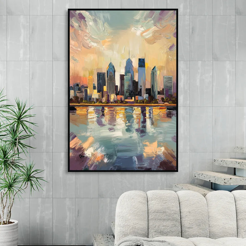 Philadelphia Skyline Reflections Sitting Room - Black Canvas Wall Art