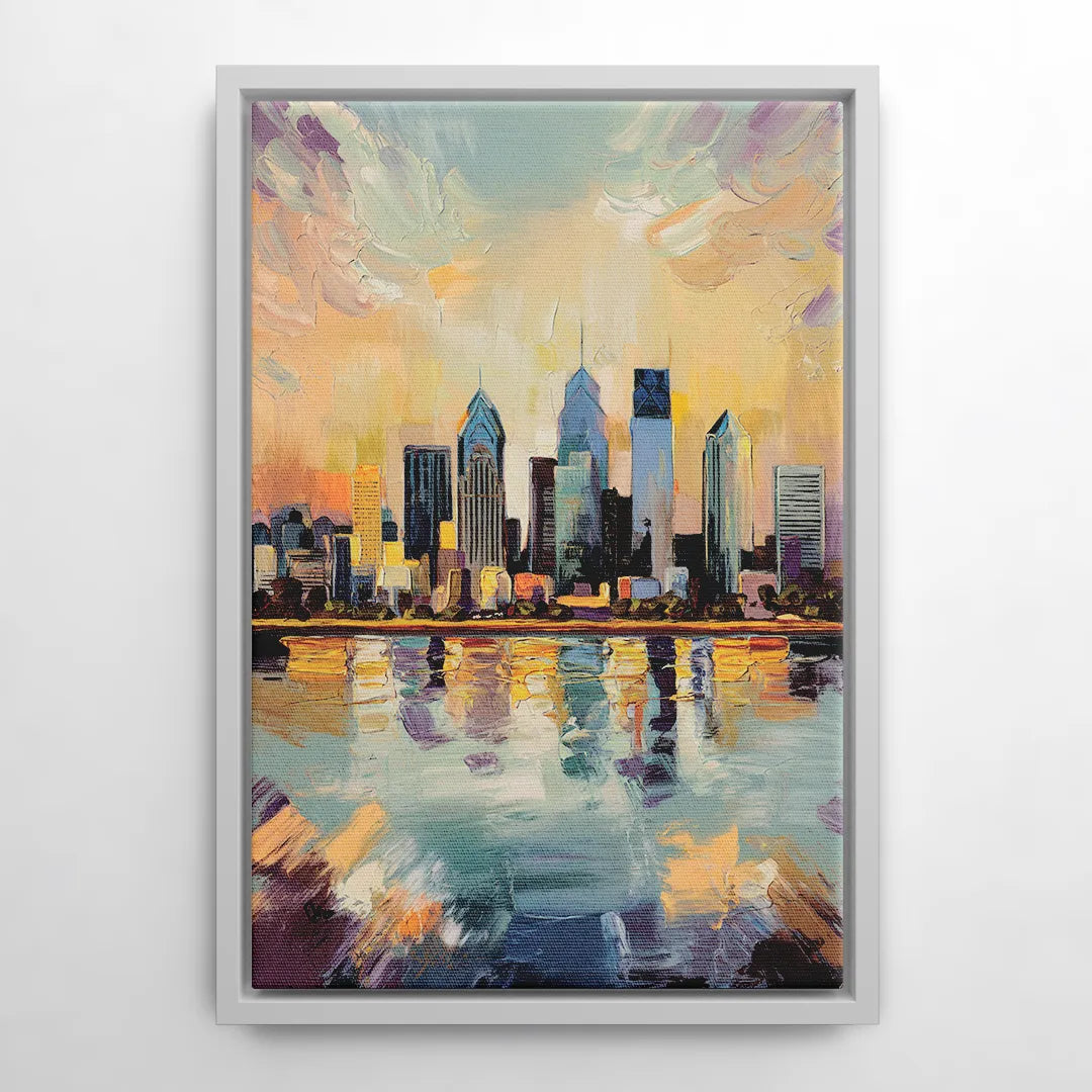 Philadelphia Skyline Reflections - White Frame Canvas