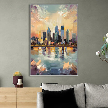 Philadelphia Skyline Reflections Living Room - White Canvas Wall Art