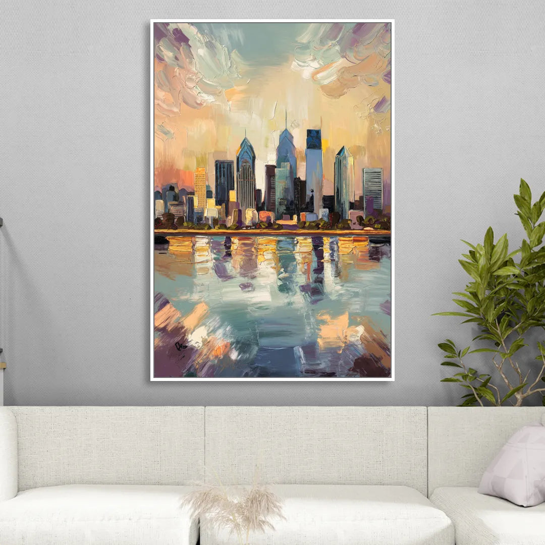 Philadelphia Skyline Reflections Sitting Room - White Canvas Wall Art