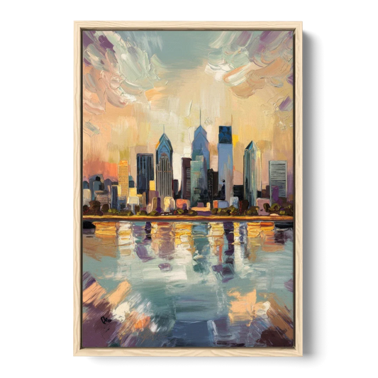 Philadelphia Skyline Reflections - Oak Framed Canvas Wall Art - Front