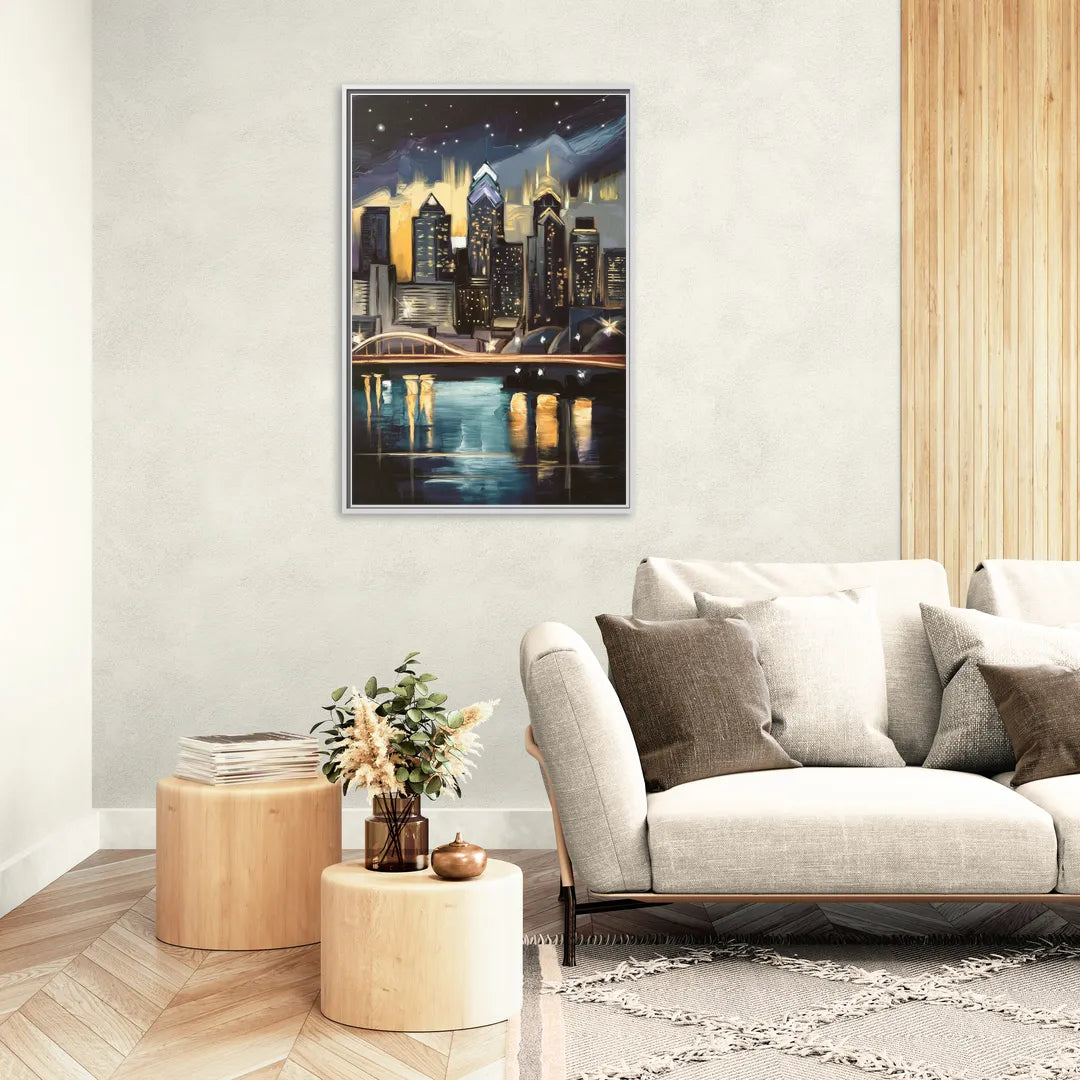 Philadelphia Skyline at Night - Living Room White Frame Canvas
