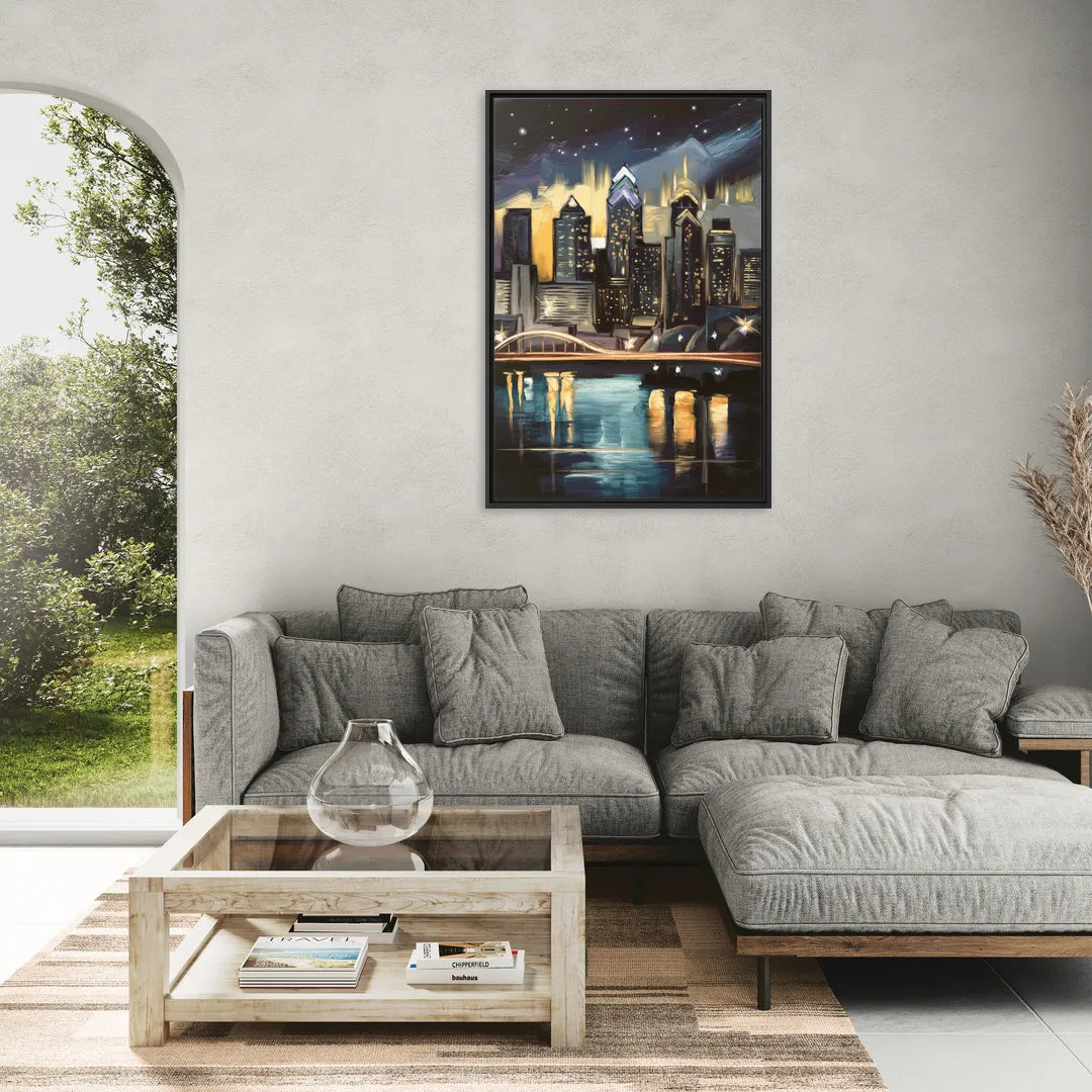 Philadelphia Skyline at Night - Living Room Black Frame Canvas