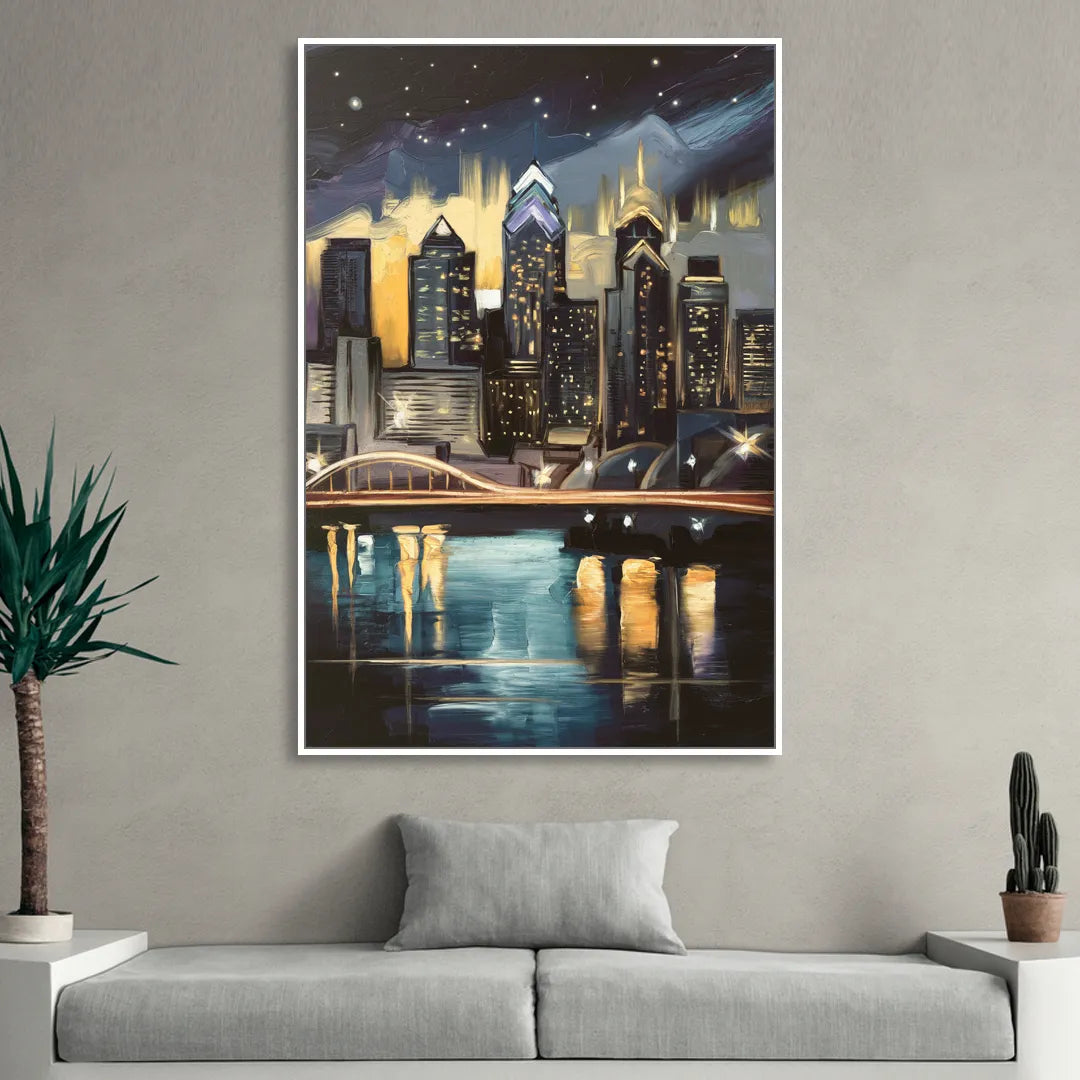 Philadelphia Skyline at Night Sitting Room - White Canvas Wall Art