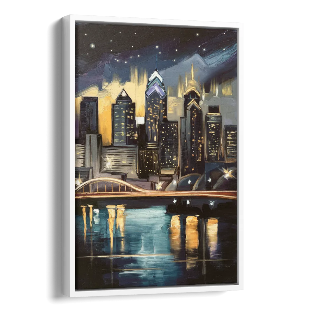 Philadelphia Skyline at Night Side - White Canvas Wall Art