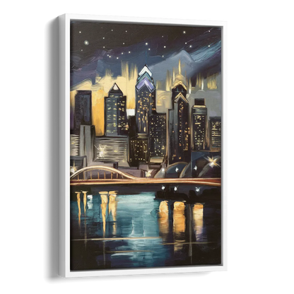 Philadelphia Skyline at Night Side - White Canvas Wall Art