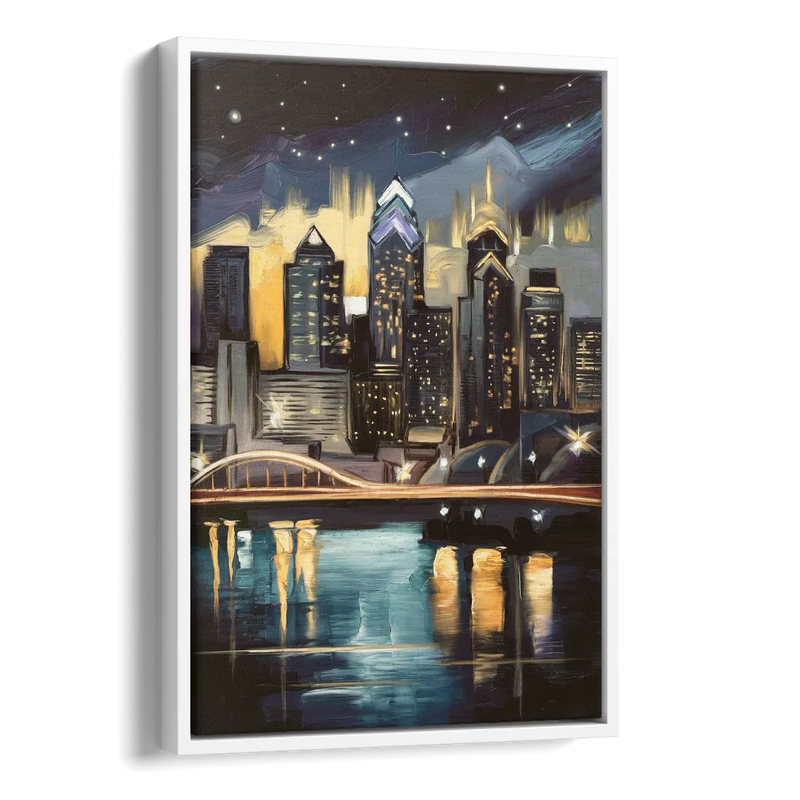 Philadelphia Skyline at Night Side - White Canvas Wall Art