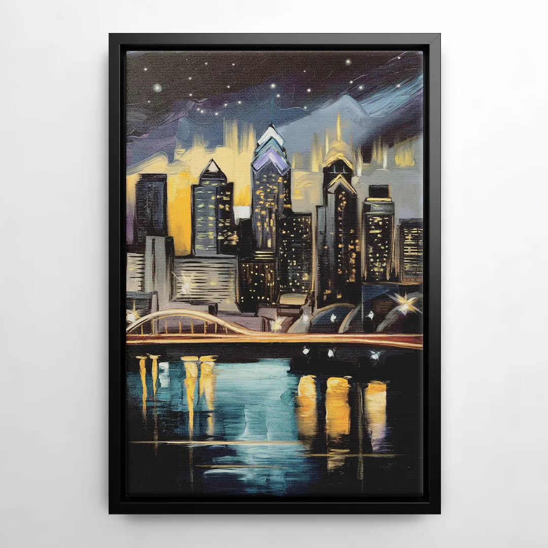 Philadelphia Skyline at Night - Black Frame Canvas