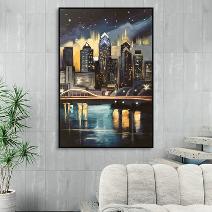 Philadelphia Skyline at Night Living Room - Black Canvas Wall Art