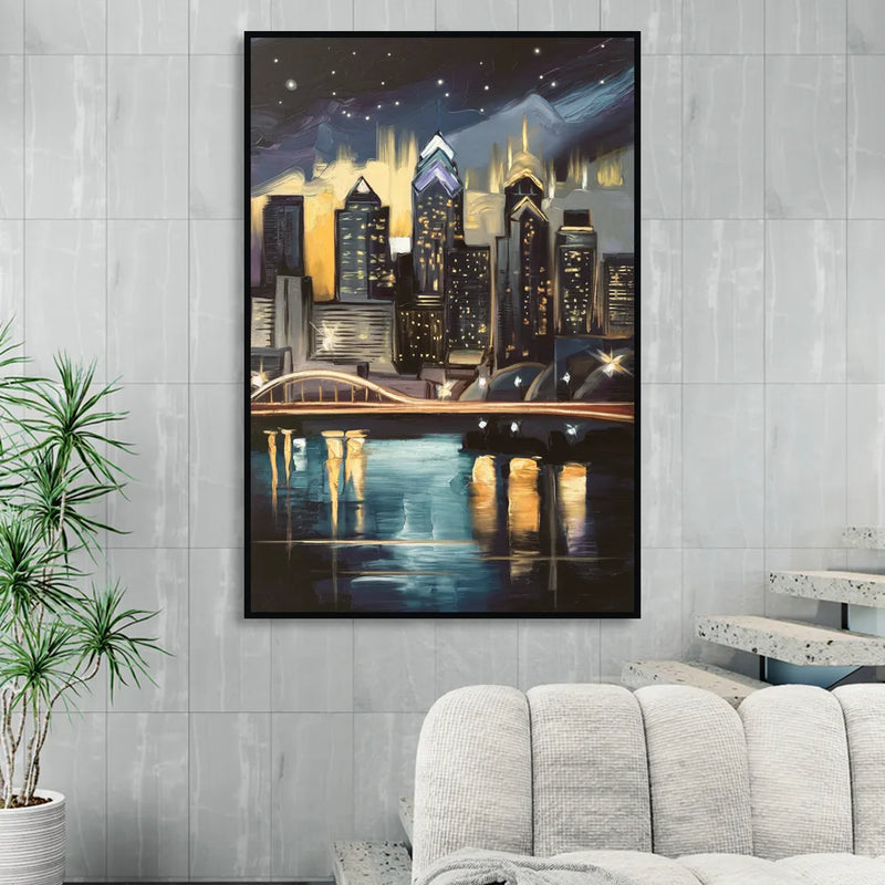 Philadelphia Skyline at Night Living Room - Black Canvas Wall Art