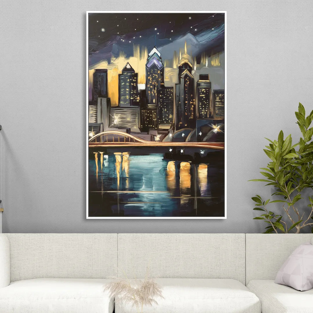 Philadelphia Skyline at Night Living Room - White Canvas Wall Art