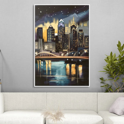 Philadelphia Skyline at Night Living Room - White Canvas Wall Art