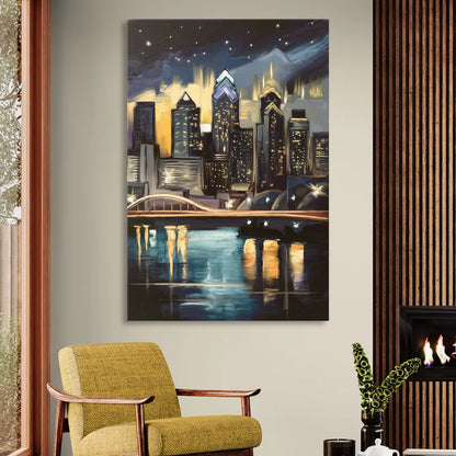 Philadelphia Skyline at Night Living Room - Canvas Wall Art