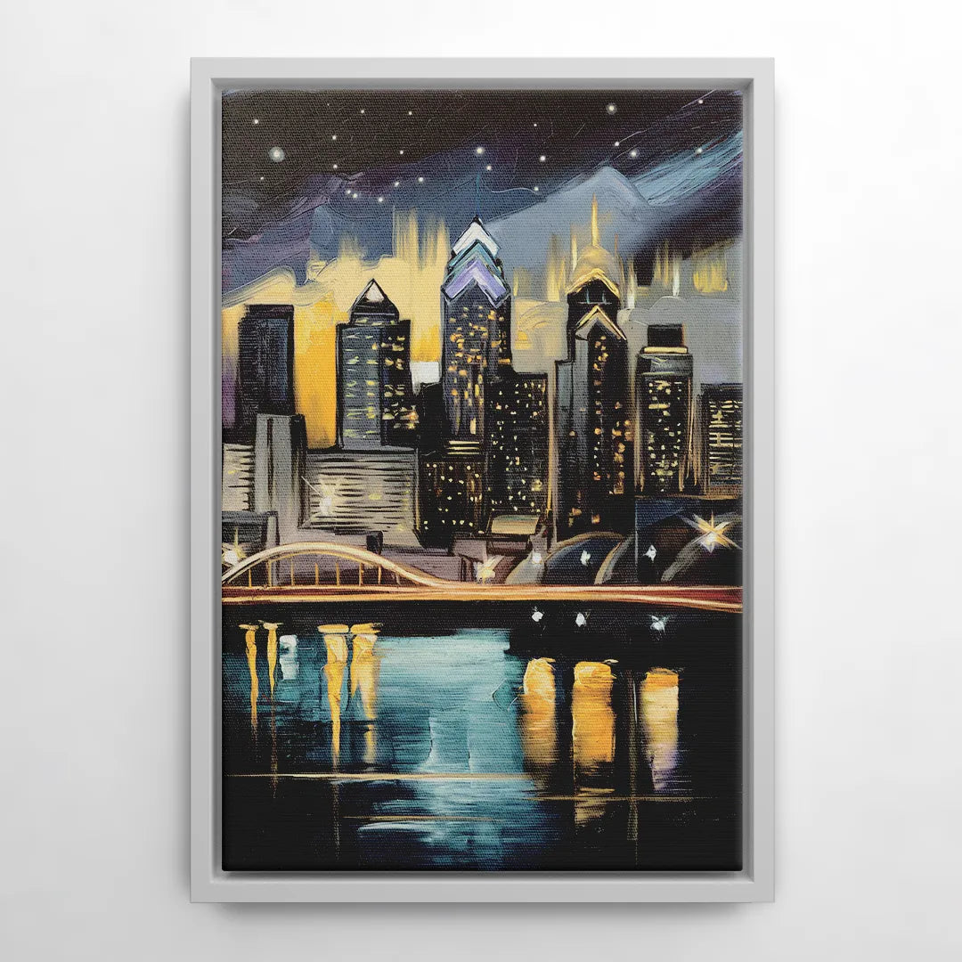 Philadelphia Skyline at Night - White Frame Canvas
